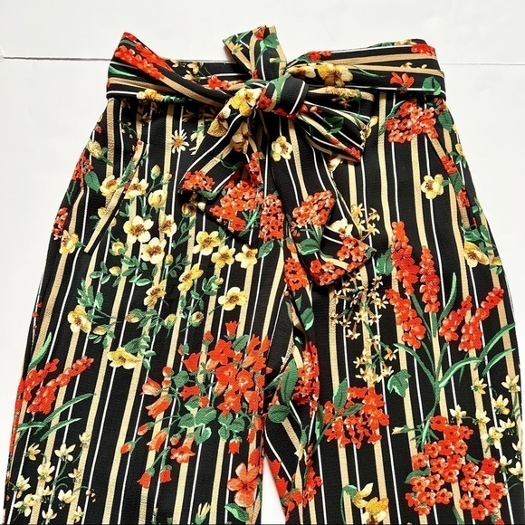 Zara Pants Trousers Striped and Floral Print Cropped Bow at Waist Sz XS - Picture 6 of 11